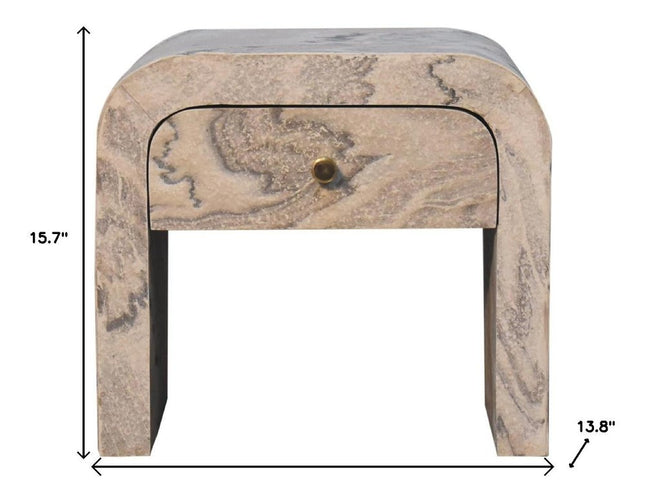 16" Beige And Gray Faux Marble One Drawer Nightstand