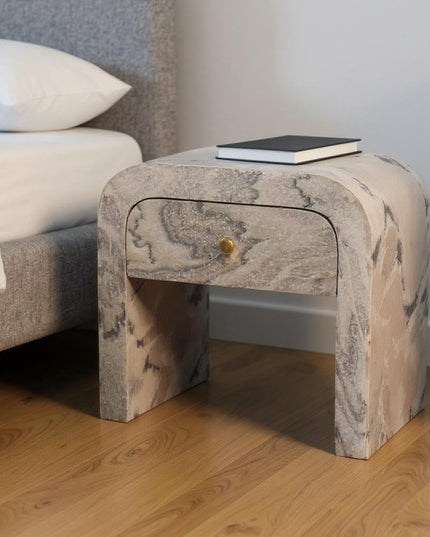 16" Beige And Gray Faux Marble One Drawer Nightstand