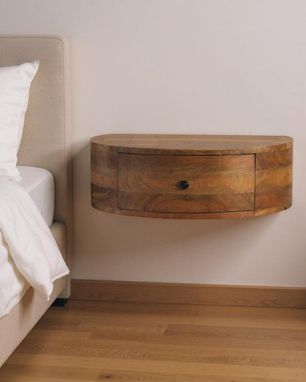 22" Brown Solid Wood Round One Drawer Floating Nightstand
