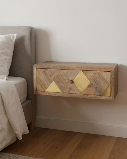 18" Brown Solid Wood Carved Geometric One Drawer Floating Nightstand