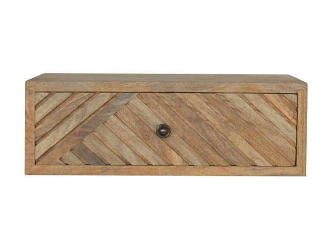 18" Natural Solid Wood Carved Geometric One Drawer Floating Nightstand