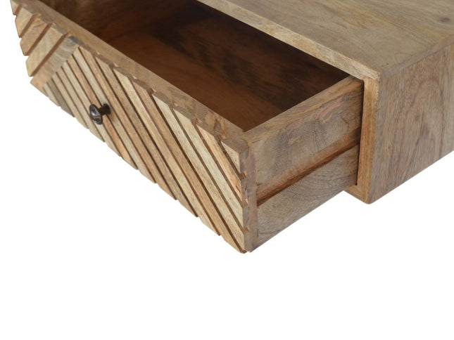 18" Natural Solid Wood Carved Geometric One Drawer Floating Nightstand