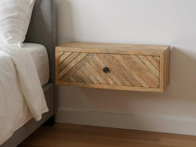18" Natural Solid Wood Carved Geometric One Drawer Floating Nightstand