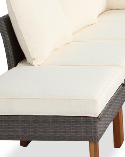 Nine Piece Gray and Beige Rattan Upholstered Cushions Sectional Seating Group With Table