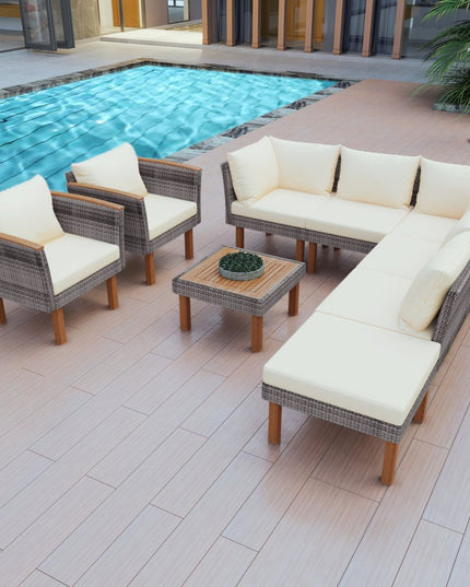 Nine Piece Gray and Beige Rattan Upholstered Cushions Sectional Seating Group With Table