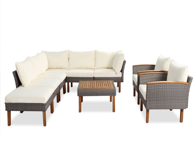 Nine Piece Gray and Beige Rattan Upholstered Cushions Sectional Seating Group With Table