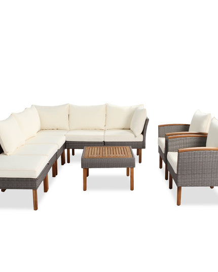 Nine Piece Gray and Beige Rattan Upholstered Cushions Sectional Seating Group With Table