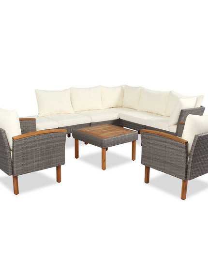 Nine Piece Gray and Beige Rattan Upholstered Cushions Sectional Seating Group With Table