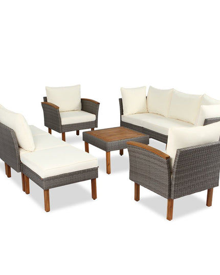 Nine Piece Gray and Beige Rattan Upholstered Cushions Sectional Seating Group With Table