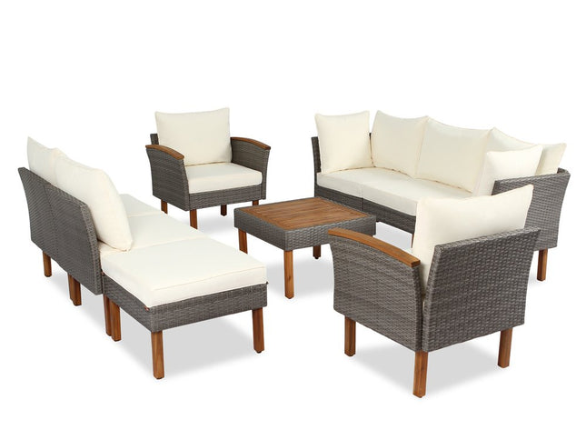 Nine Piece Gray and Beige Rattan Upholstered Cushions Sectional Seating Group With Table