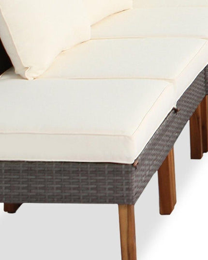 Nine Piece Gray and Beige Rattan Upholstered Cushions Sectional Seating Group With Table