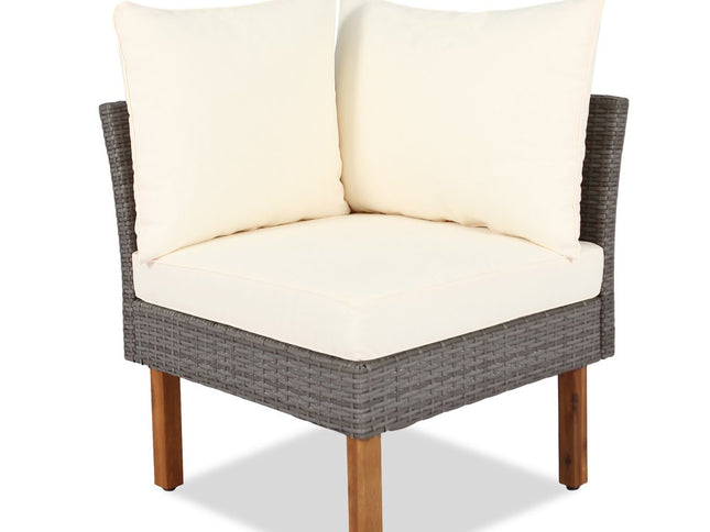 Nine Piece Gray and Beige Rattan Upholstered Cushions Sectional Seating Group With Table