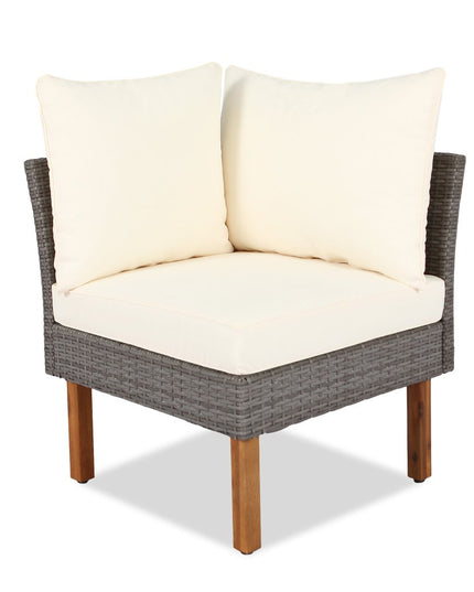 Nine Piece Gray and Beige Rattan Upholstered Cushions Sectional Seating Group With Table