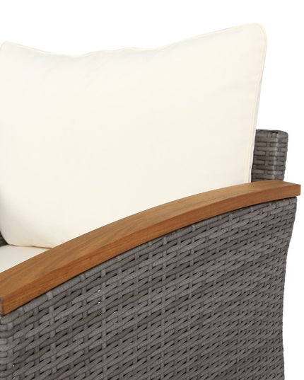 Nine Piece Gray and Beige Rattan Upholstered Cushions Sectional Seating Group With Table