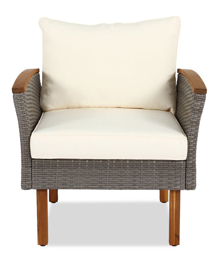 Nine Piece Gray and Beige Rattan Upholstered Cushions Sectional Seating Group With Table