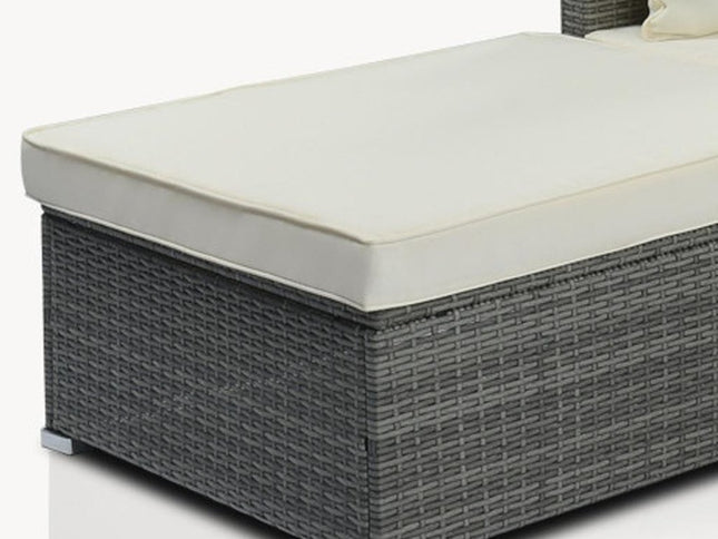 Eight Piece Gray and Beige Wicker Upholstered Cushions Sectional Seating Group With Table