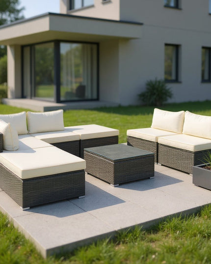 Eight Piece Gray and Beige Wicker Upholstered Cushions Sectional Seating Group With Table