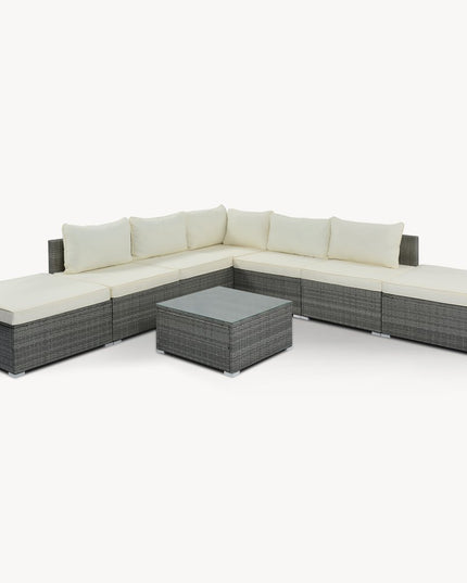 Eight Piece Gray and Beige Wicker Upholstered Cushions Sectional Seating Group With Table