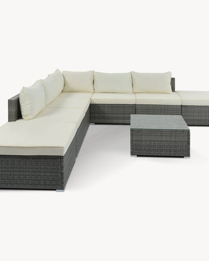 Eight Piece Gray and Beige Wicker Upholstered Cushions Sectional Seating Group With Table
