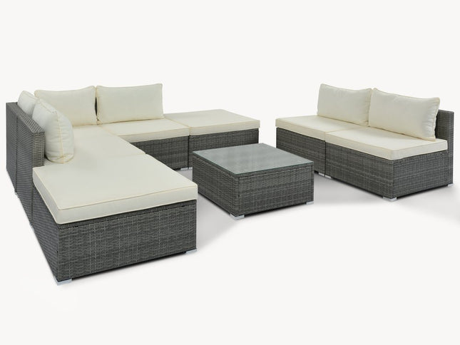 Eight Piece Gray and Beige Wicker Upholstered Cushions Sectional Seating Group With Table