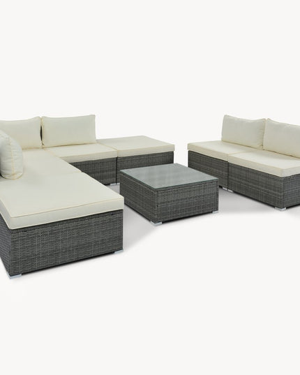 Eight Piece Gray and Beige Wicker Upholstered Cushions Sectional Seating Group With Table