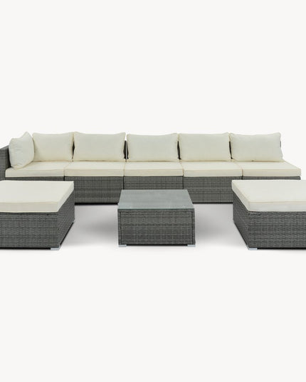 Eight Piece Gray and Beige Wicker Upholstered Cushions Sectional Seating Group With Table