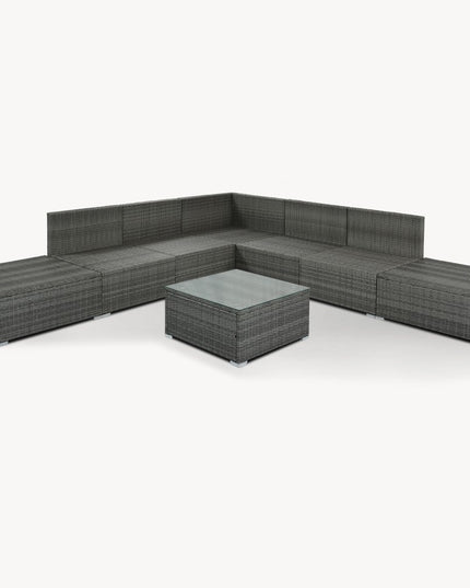 Eight Piece Gray and Beige Wicker Upholstered Cushions Sectional Seating Group With Table