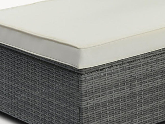 Eight Piece Gray and Beige Wicker Upholstered Cushions Sectional Seating Group With Table