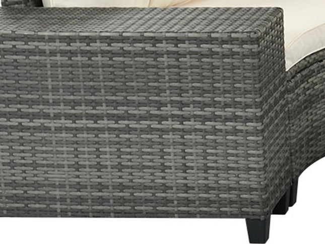 Eight Piece Gray and Beige Wicker Upholstered Cushions Sectional Seating Group With Table