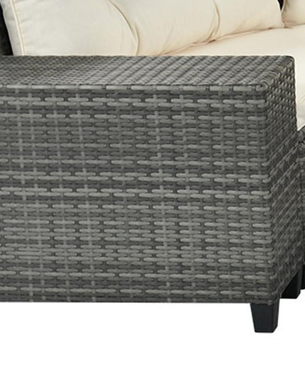 Eight Piece Gray and Beige Wicker Upholstered Cushions Sectional Seating Group With Table