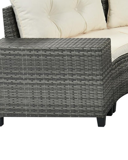 Eight Piece Gray and Beige Wicker Upholstered Cushions Sectional Seating Group With Table