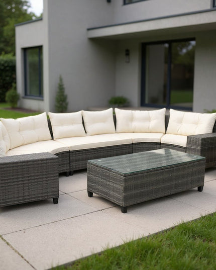 Eight Piece Gray and Beige Wicker Upholstered Cushions Sectional Seating Group With Table