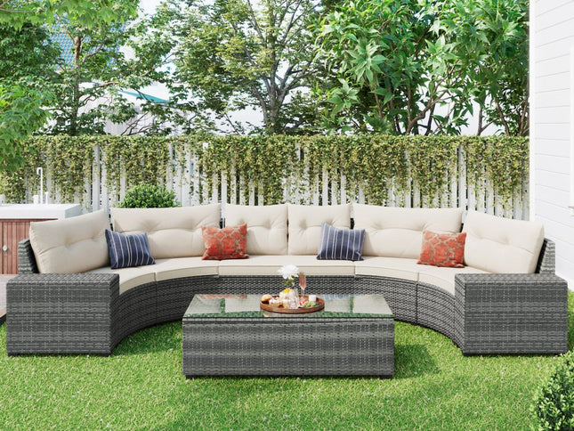 Eight Piece Gray and Beige Wicker Upholstered Cushions Sectional Seating Group With Table