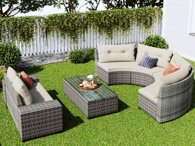 Eight Piece Gray and Beige Wicker Upholstered Cushions Sectional Seating Group With Table