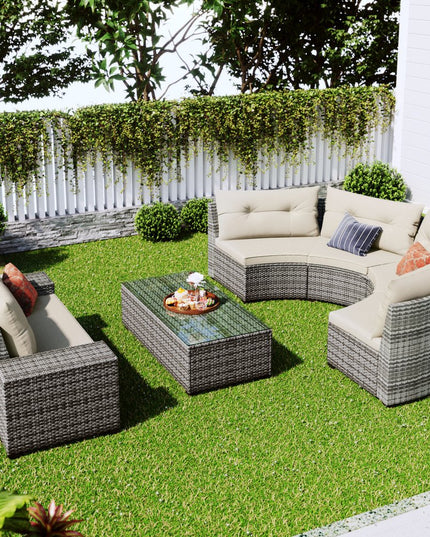 Eight Piece Gray and Beige Wicker Upholstered Cushions Sectional Seating Group With Table