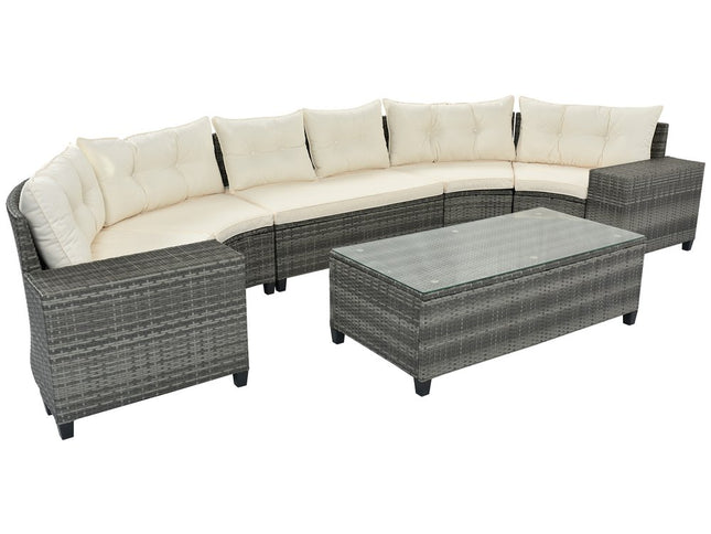 Eight Piece Gray and Beige Wicker Upholstered Cushions Sectional Seating Group With Table