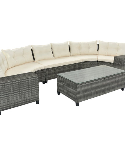 Eight Piece Gray and Beige Wicker Upholstered Cushions Sectional Seating Group With Table