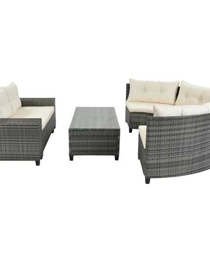Eight Piece Gray and Beige Wicker Upholstered Cushions Sectional Seating Group With Table