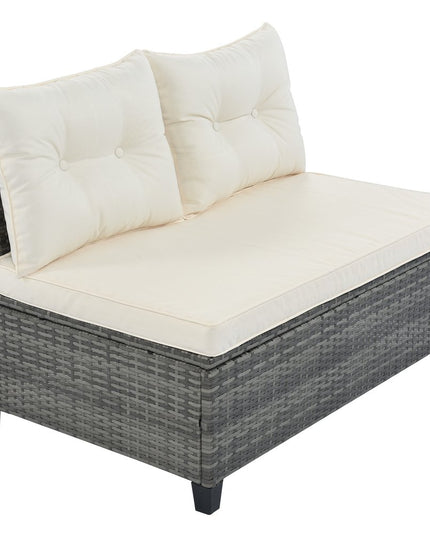 Eight Piece Gray and Beige Wicker Upholstered Cushions Sectional Seating Group With Table