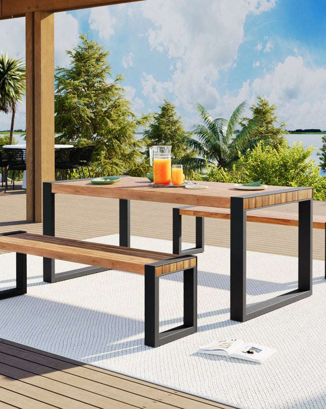 Three Piece Natural Solid Wood Outdoor Patio Set With Table