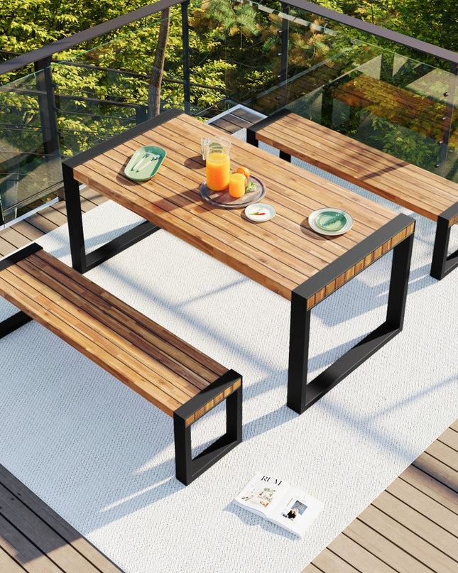 Three Piece Natural Solid Wood Outdoor Patio Set With Table