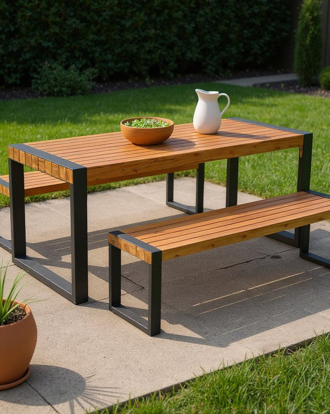 Three Piece Natural Solid Wood Outdoor Patio Set With Table