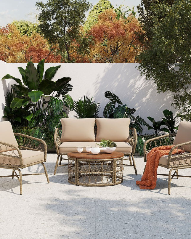 Four Piece Beige and Tan Wicker Upholstered Cushions Sofa Seating Group With Table