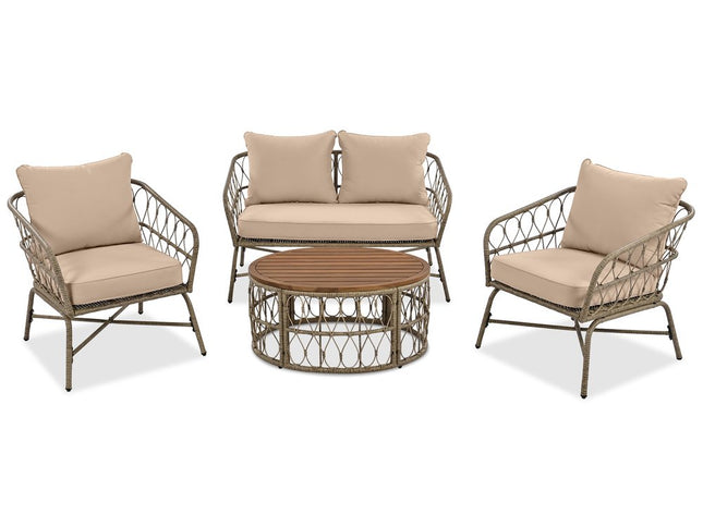 Four Piece Beige and Tan Wicker Upholstered Cushions Sofa Seating Group With Table