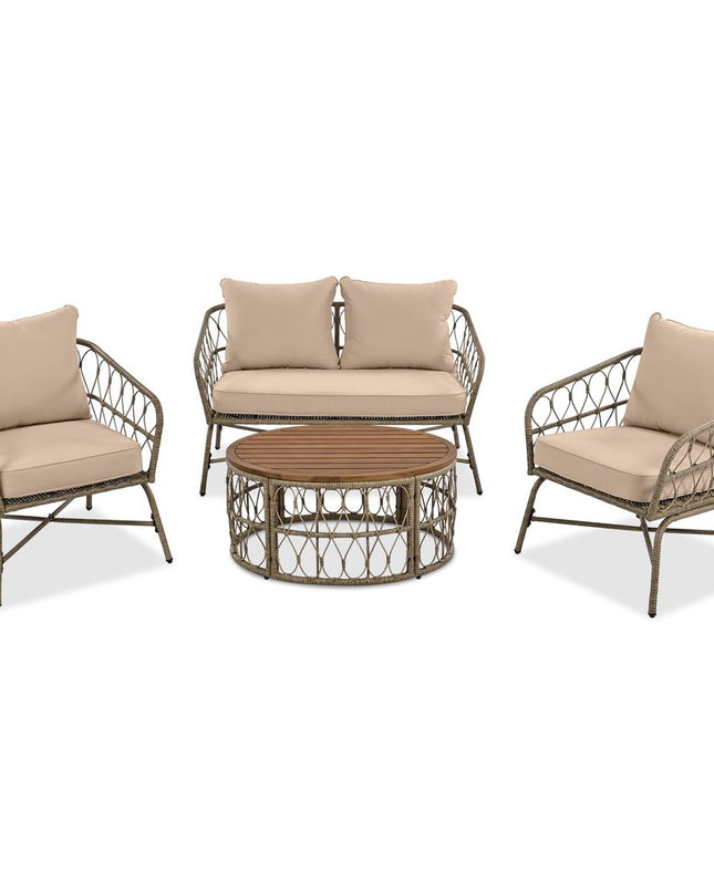 Four Piece Beige and Tan Wicker Upholstered Cushions Sofa Seating Group With Table
