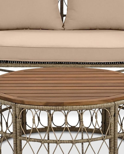 Four Piece Beige and Tan Wicker Upholstered Cushions Sofa Seating Group With Table