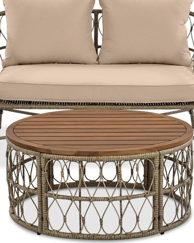 Four Piece Beige and Tan Wicker Upholstered Cushions Sofa Seating Group With Table