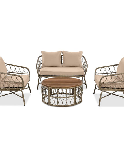 Four Piece Beige and Tan Wicker Upholstered Cushions Sofa Seating Group With Table