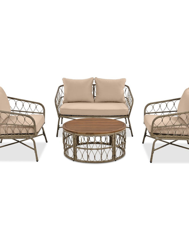 Four Piece Beige and Tan Wicker Upholstered Cushions Sofa Seating Group With Table
