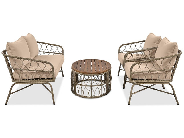 Four Piece Beige and Tan Wicker Upholstered Cushions Sofa Seating Group With Table